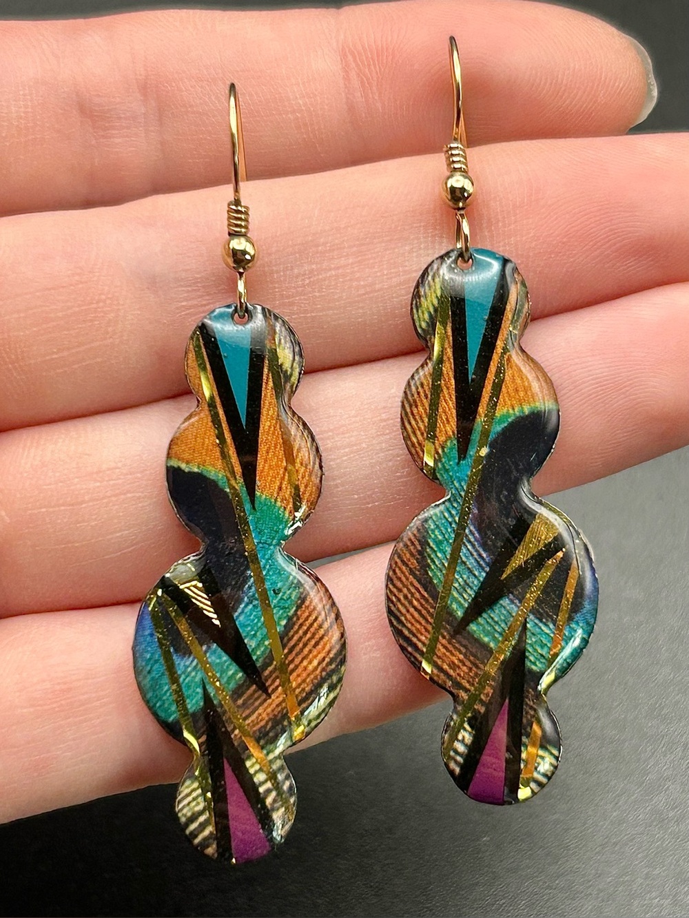 Vintage 2000 John Crutchfield Metallic Art Graphic Earrings - Colorful Wave Drop
